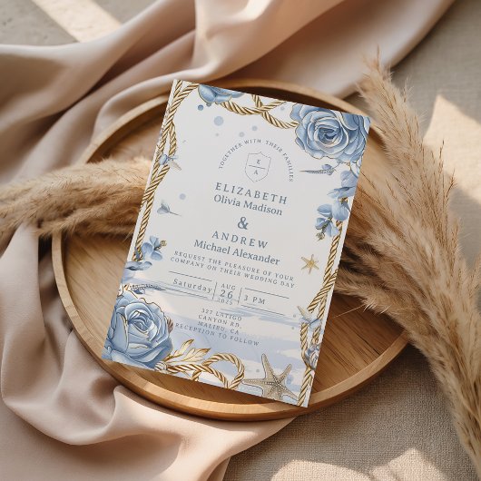Invitation Blue Rose Coastal Rope Wedding