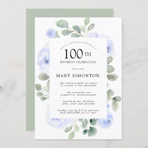 Invitation Blue Rose Floral Eucalyptus 100e fête d'anniversai