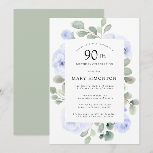 Invitation Blue Rose Floral Eucalyptus 90e fête d'anniversair (Devant / Derrière)