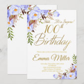 Invitation Blue Rose Floral Surprise 100e fête d'anniversaire (Devant / Derrière)
