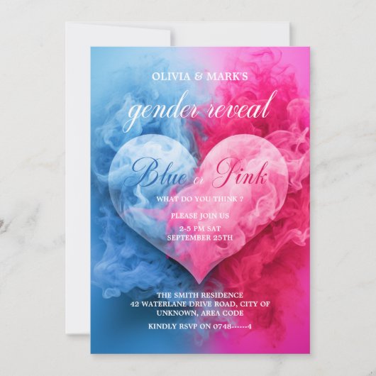 Invitation Blue Rose Fumée Coeur bébé Genre Reveal Party (Devant)