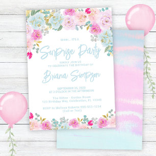 Invitation Blue Rose Peach Purple Floral Surprise Party