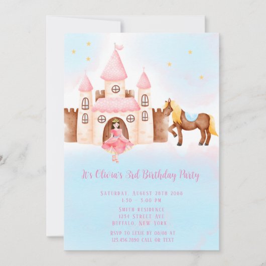 Invitation Blue Rose Princess Castle Horse fête d'anniversair (Devant)