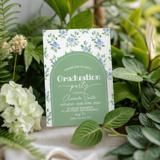 Invitation Blue Rose Sage Green Arch Graduation Invite