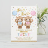 Invitation Blue rose Teddy Bear Boy Girl Twins Baby shower (Debout devant)
