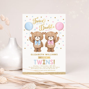 Invitation Blue rose Teddy Bear Boy Girl Twins Baby shower