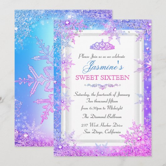 Invitation Blue Rose Violet pour une Sweet 16 dans (Devant / Derrière)