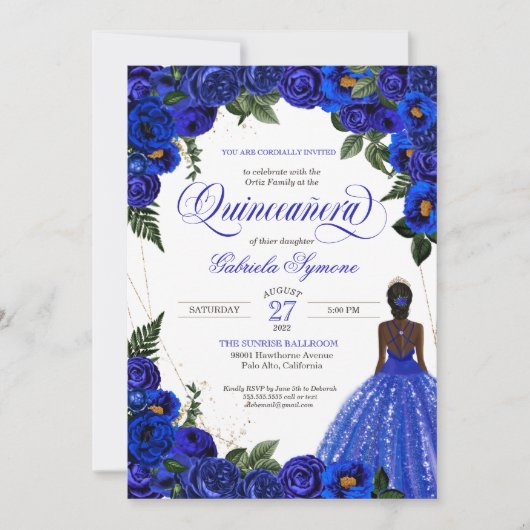 Invitation Blue Roses & Gold Fancy Ball Gown Quinceanera Inv (Devant)