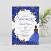 Invitation Blue Roses & Gold Fancy Ball Gown Quinceanera Inv (Debout devant)