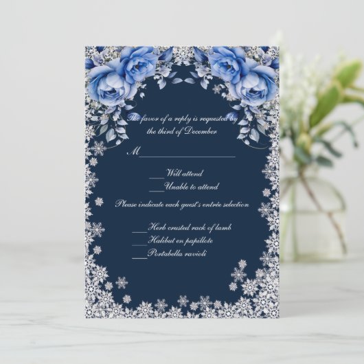 Invitation Blue Roses Snowflake Noël Mariage réponse (Debout devant)