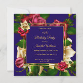 Invitation Blue Rouge crème Rose floral or fête d'anniversair (Devant)