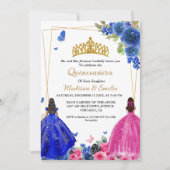 Invitation Blue Royal & Fuchsia Butterfly Twin Quinceanera (Devant)
