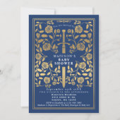 Invitation Blue Royal Médieval Gold Sword Boy Baby shower (Devant)
