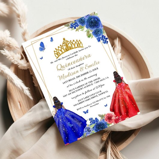 Invitation Blue Royal & Red Butterfly Twin Quinceanera