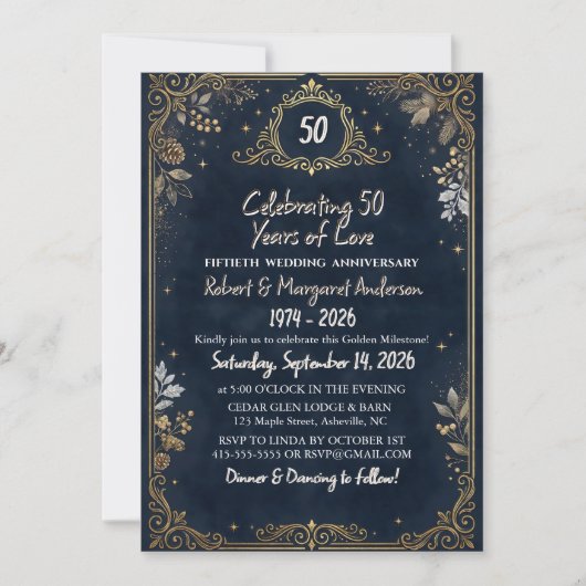 Invitation Blue Ruby Script Simple 50th Wedding Anniversary (Devant)
