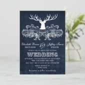 Invitation Blue Rustic Antler Deer Mariage de bois (Debout devant)