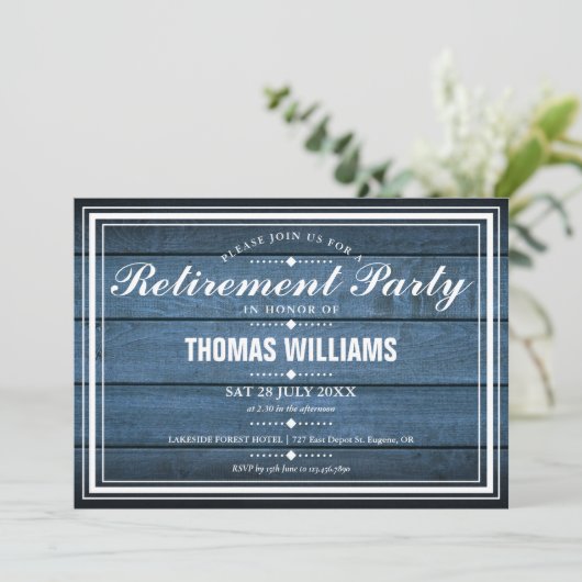 Invitation Blue Rustic Barn Bois Parti de retraite (Debout devant)