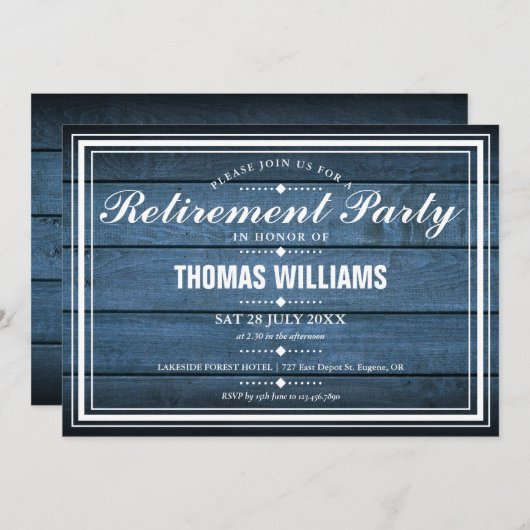 Invitation Blue Rustic Barn Bois Parti de retraite (Devant / Derrière)