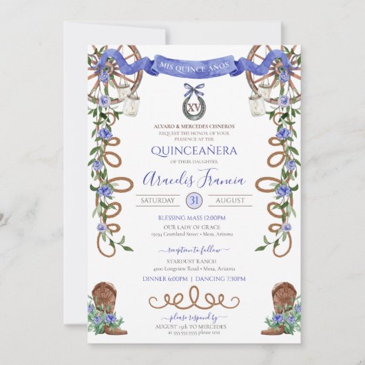 Invitation Blue Rustic Boho Western Charra Thème Quinceanera (Devant)