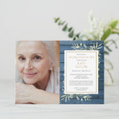 Invitation Blue Rustic Green Célébration de la vie Photo (Debout devant)