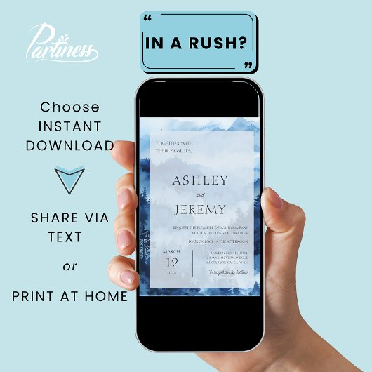 Invitation Blue Rustic Mountain Mariage de destination Forêt