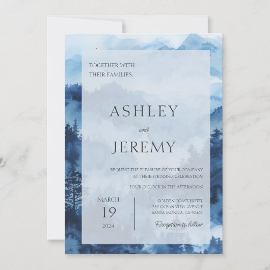 Invitation Blue Rustic Mountain Mariage de destination Forêt (Devant)