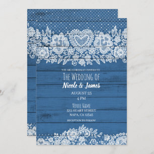 Invitation Blue Rustic Wood Lace Farmhouse Barn Mariage