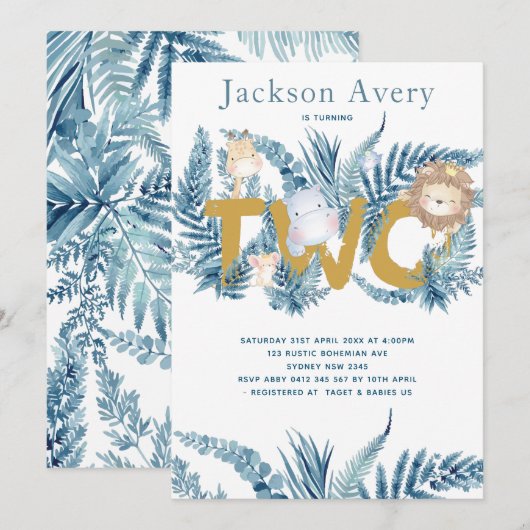 Invitation Blue Safari Animaux Deuxième anniversaire (Devant / Derrière)