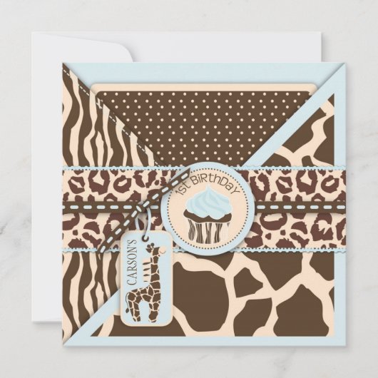 Invitation Blue Safari Poster de animal et Cupcake Premier an (Devant)