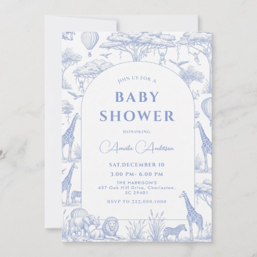Invitation blue Safari Toile De Jouy Boy Baby Shower  (Devant)