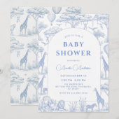 Invitation blue Safari Toile De Jouy Boy Baby Shower  (Devant / Derrière)