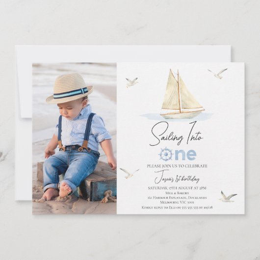 Invitation Blue Sail Boat Photo Voilier dans un 1er anniversa (Devant)