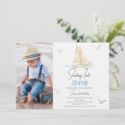 Invitation Blue Sail Boat Photo Voilier dans un 1er anniversa (Debout devant)