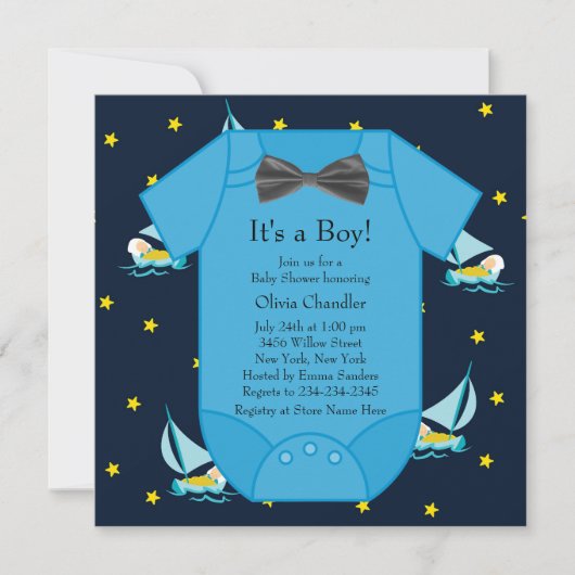 Invitation Blue Sailboat Baby Boy Douche (Devant)