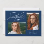 Invitation Blue Script QR Code 3 Photo Graduation Party (Devant)