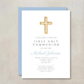 Invitation Blue Script Religious Cross Boy First Communion
