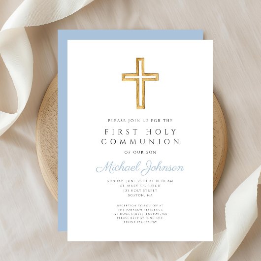 Invitation Blue Script Religious Cross Boy First Communion