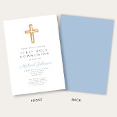 Invitation Blue Script Religious Cross Boy First Communion