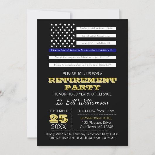 Invitation Blue Scripture Flag Retirement Party (Devant)