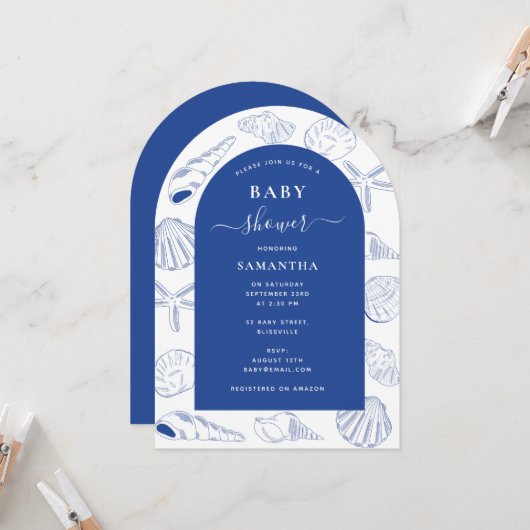 Invitation Blue Sea Shells Beach Summer Arch Baby shower (Devant/Arrière en situation)