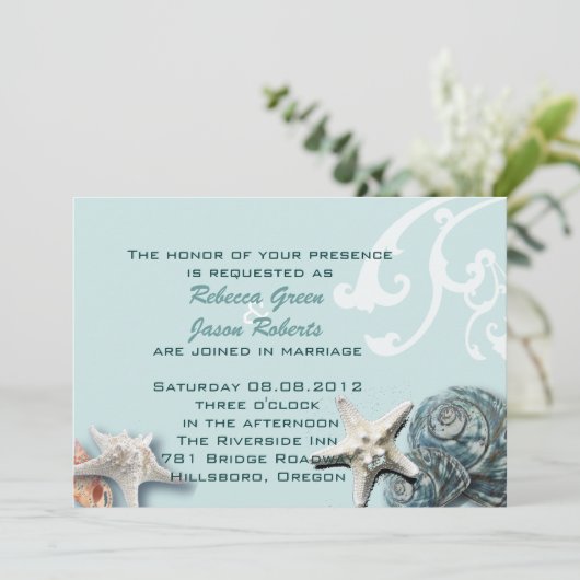 Invitation BLue Seashells Beach Mariage (Debout devant)