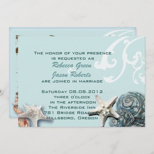 Invitation BLue Seashells Beach Mariage (Devant / Derrière)