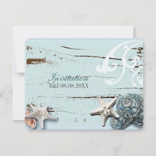Invitation BLue Seashells Beach Mariage (Devant)