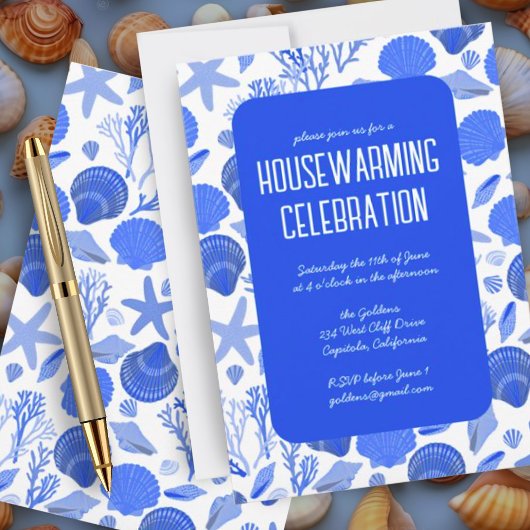 Invitation Blue Seashells Chic Beach House Party