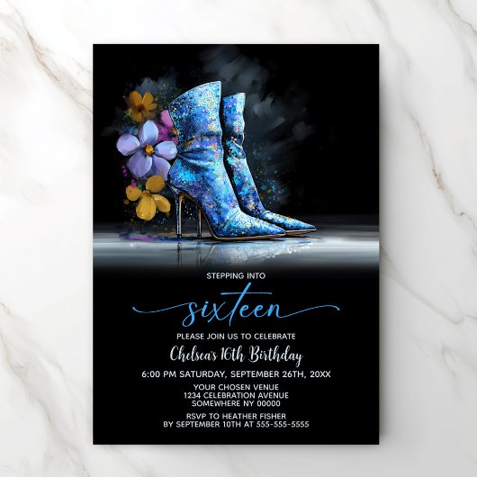 Invitation Blue Sequin Boots 16th Birthday Party