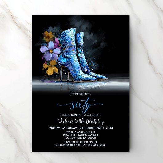 Invitation Blue Sequin Boots 60th Birthday Party