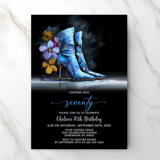 Invitation Blue Sequin Boots 70th Birthday Party
