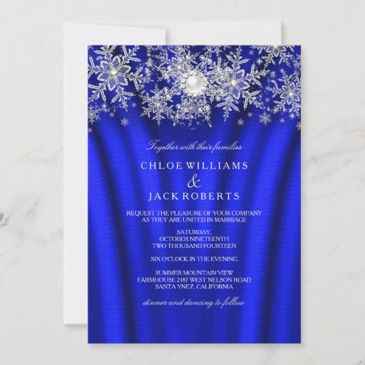 Invitation Blue Silk Pearl Flocon de neige Silver Mariage d'h (Devant)