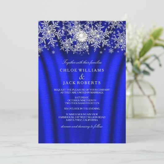 Invitation Blue Silk Pearl Flocon de neige Silver Mariage d'h (Debout devant)
