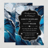 Invitation Blue Silver Agate Marble Glitter Wedding (Devant / Derrière)